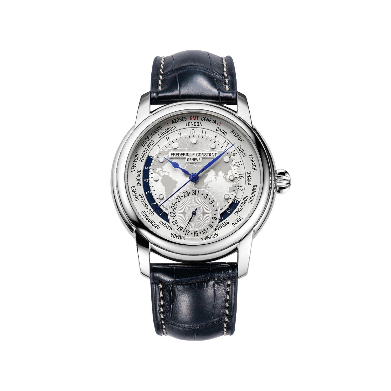Frederique Constant Manufacture Classic Worldtimer Automatic 42 mm Stainless Steel Watch  Silver Dial   Alligator Leather Strap