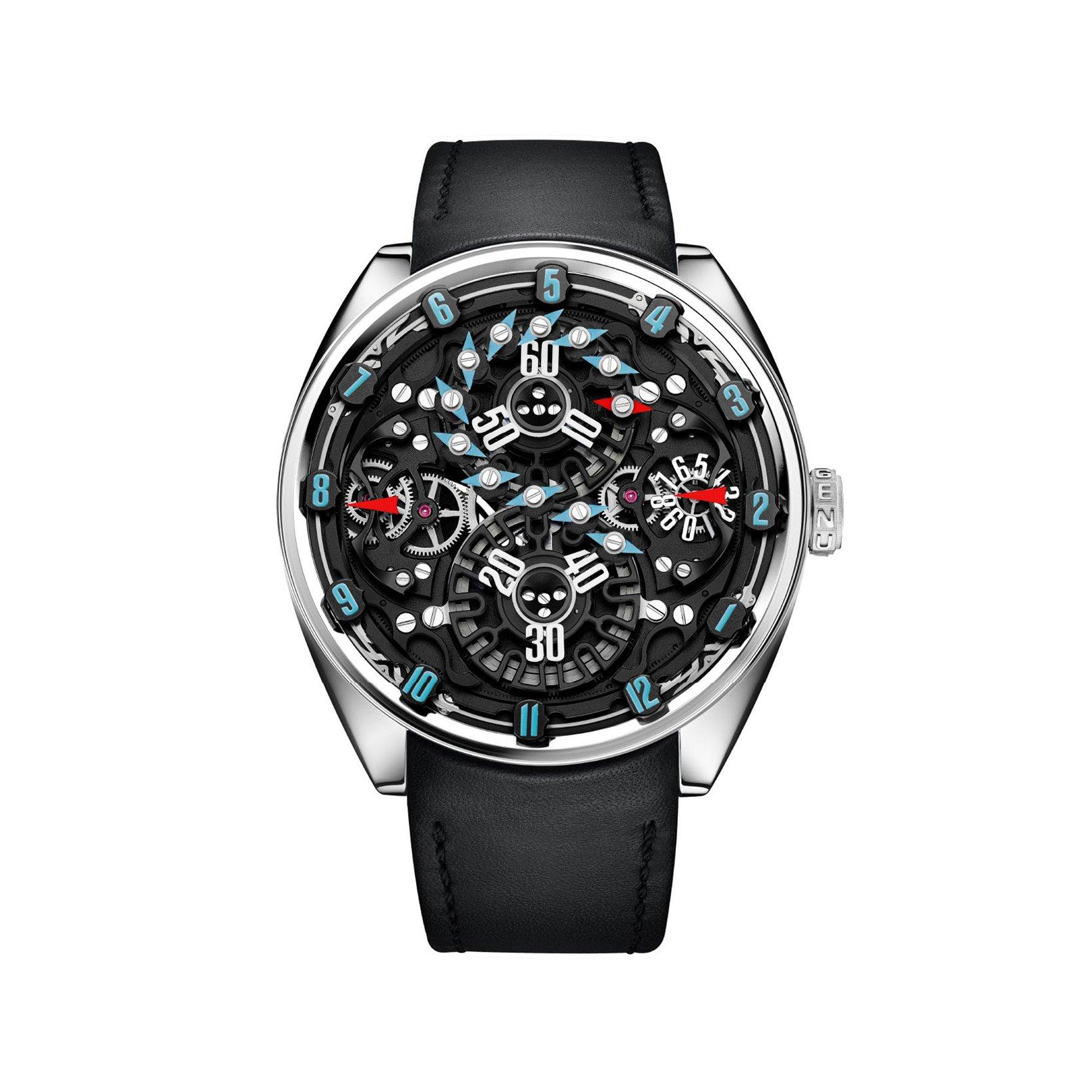 Genus Watches Gns1.2 T5 Rainbow Skeleton Manual Winding 45 mm Titanium Watch  Blue Dial   Leather Strap