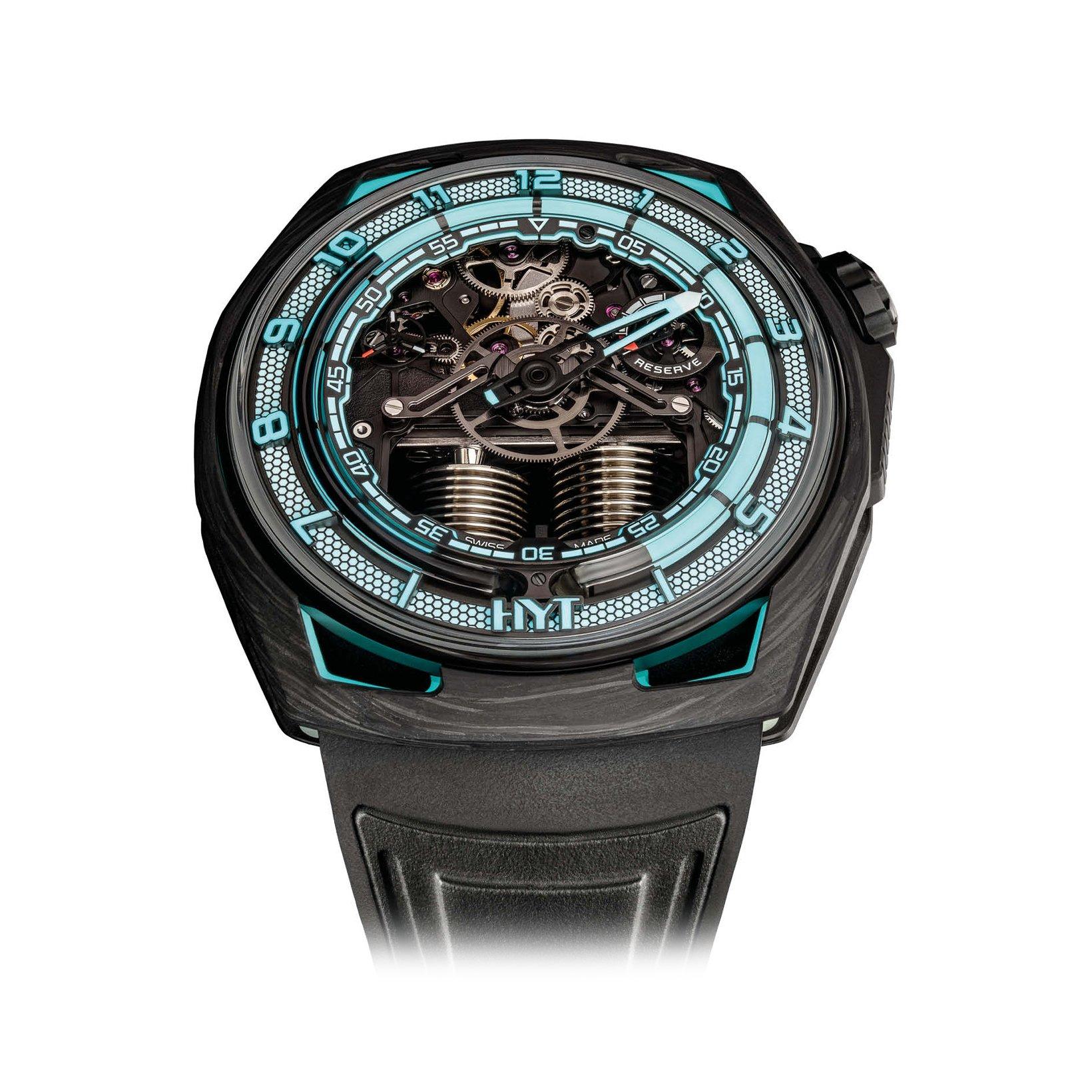 Hyt Hastroid White Neon Manual Winding 41 mm Black Titanium Watch  Black Dial   Rubber And Fabric Strap