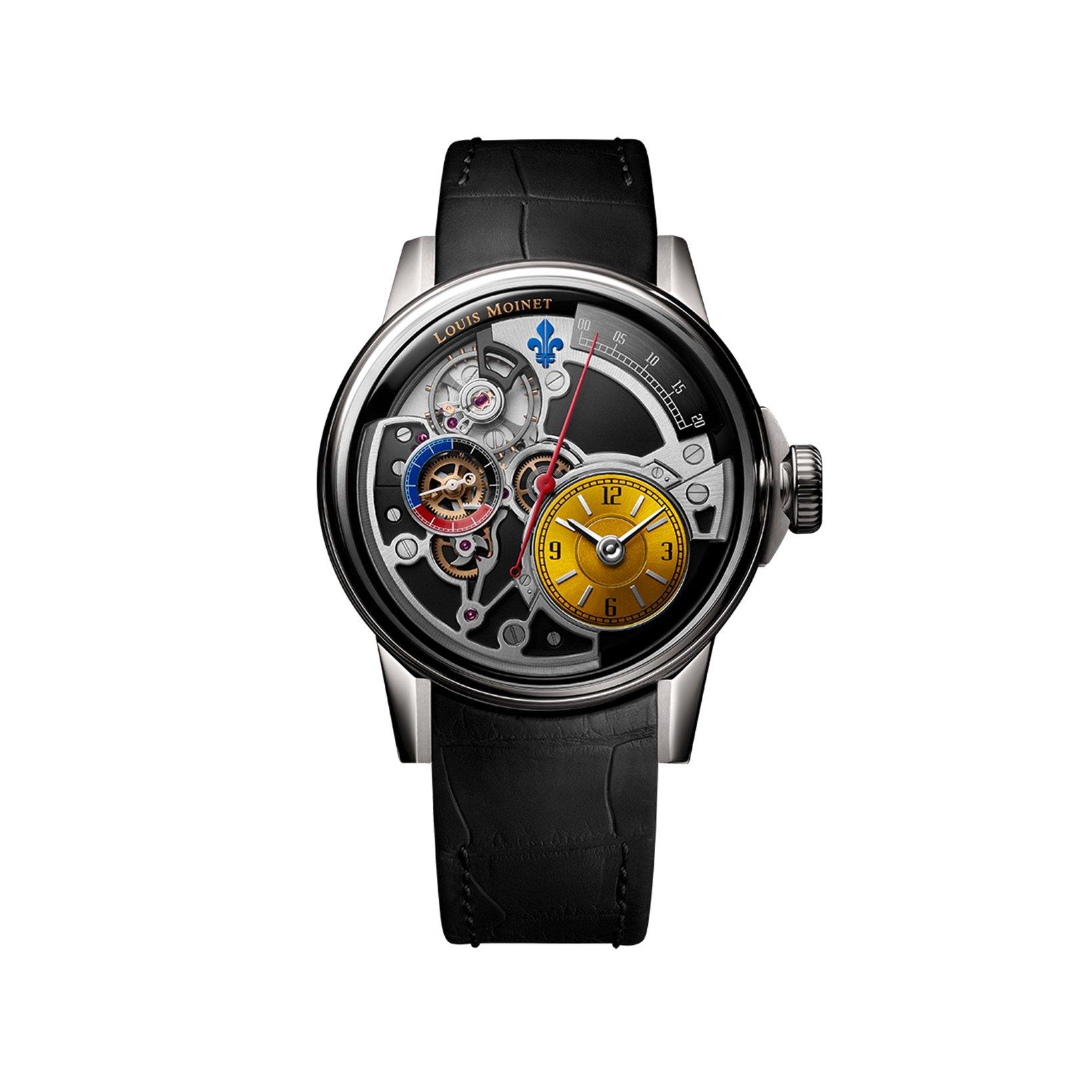 Louis Moinet Tempograph Spirit Automatic 40.7 mm Titanium Watch  Yellow Dial   Alligator Leather Strap