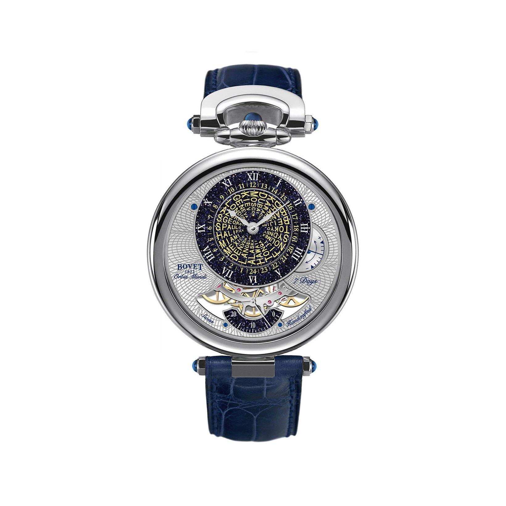 Bovet Fleurier Orbis Mundi Manual Winding 42 mm Titanium Watch  Blue Dial   Croco Leather Strap