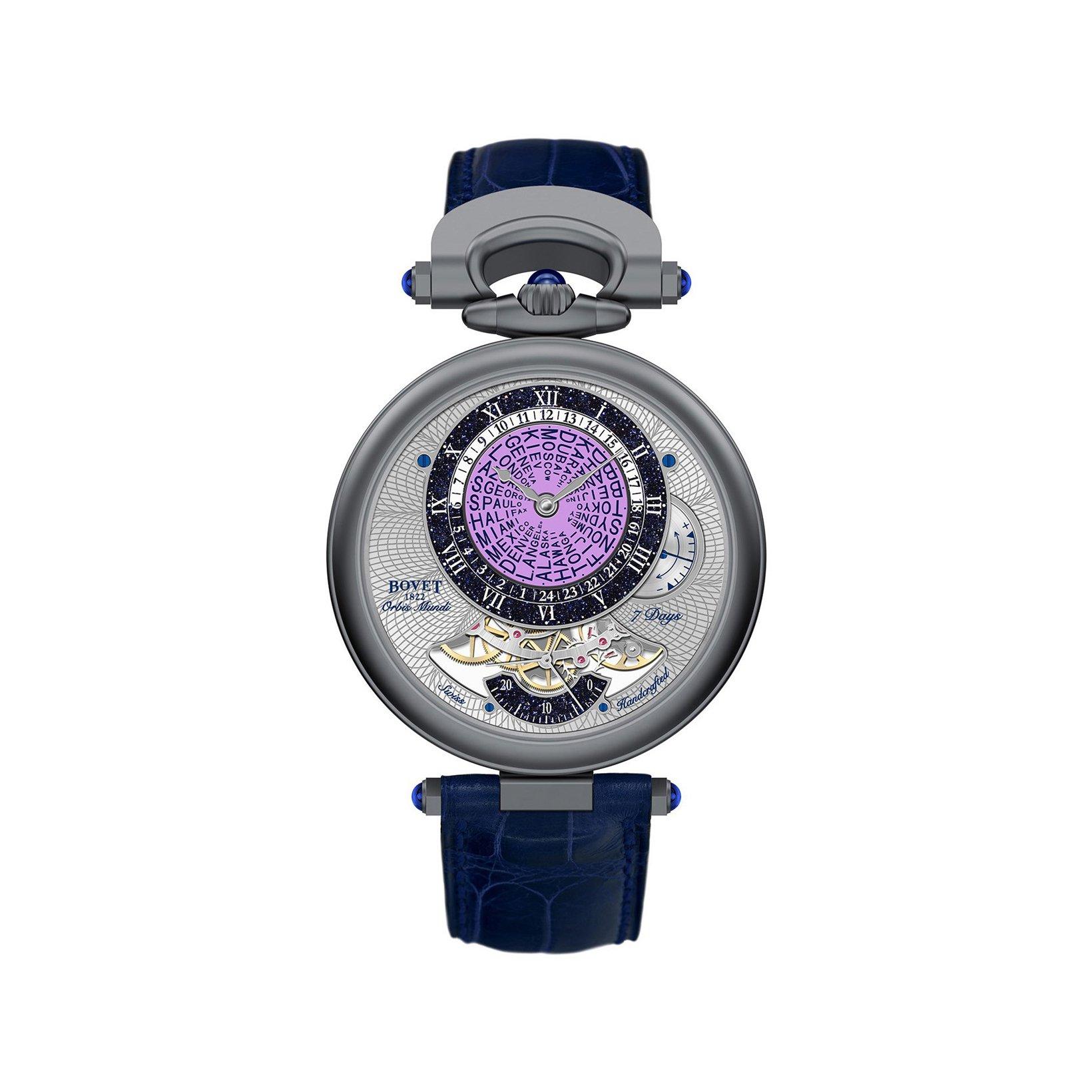 Bovet Fleurier Orbis Mundi Manual Winding 42 mm Sandblasted Titanium Watch  Purple Dial   Croco Leather Strap