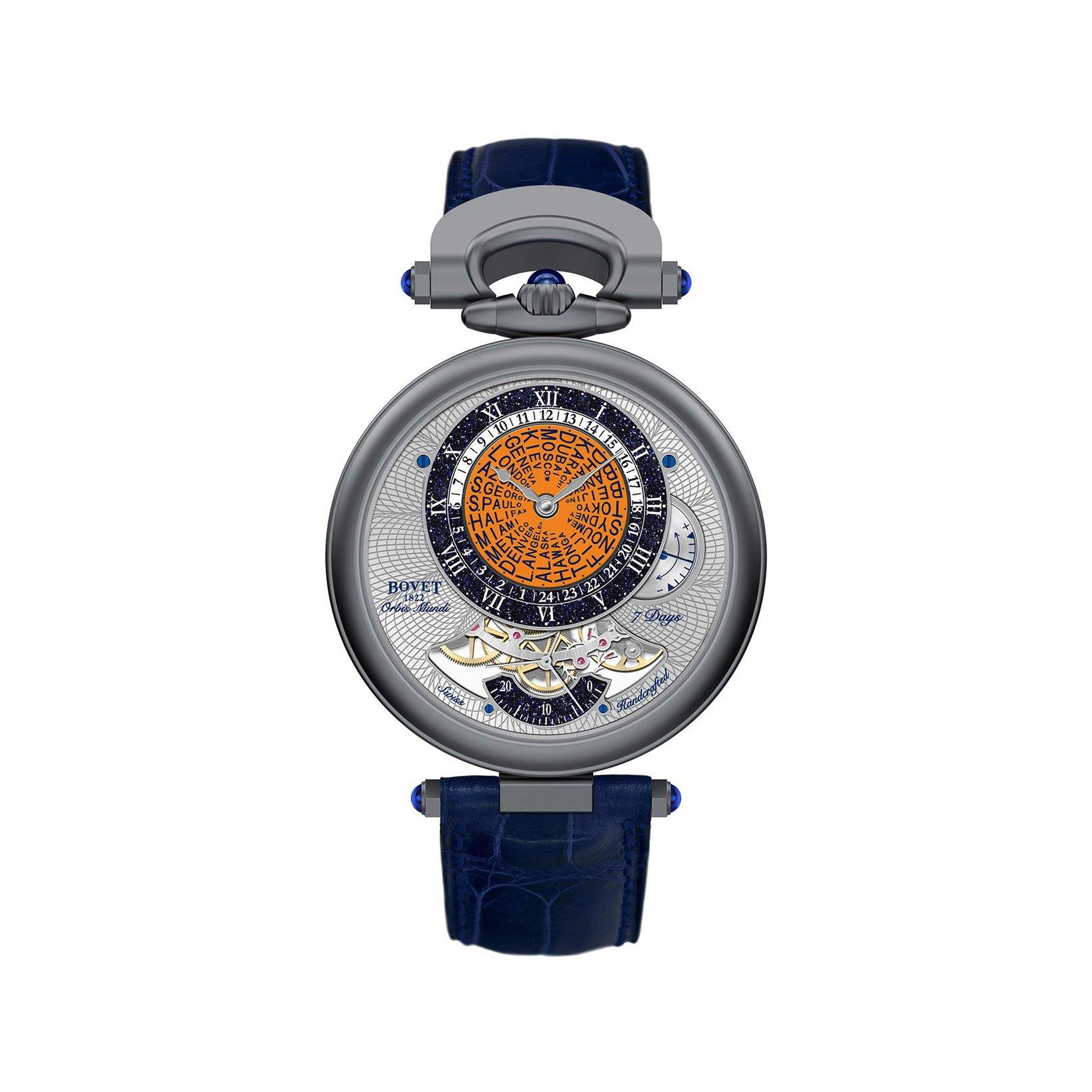 Bovet Fleurier Orbis Mundi Manual Winding 42 mm Sandblasted Titanium Watch  Orange Dial   Croco Leather Strap
