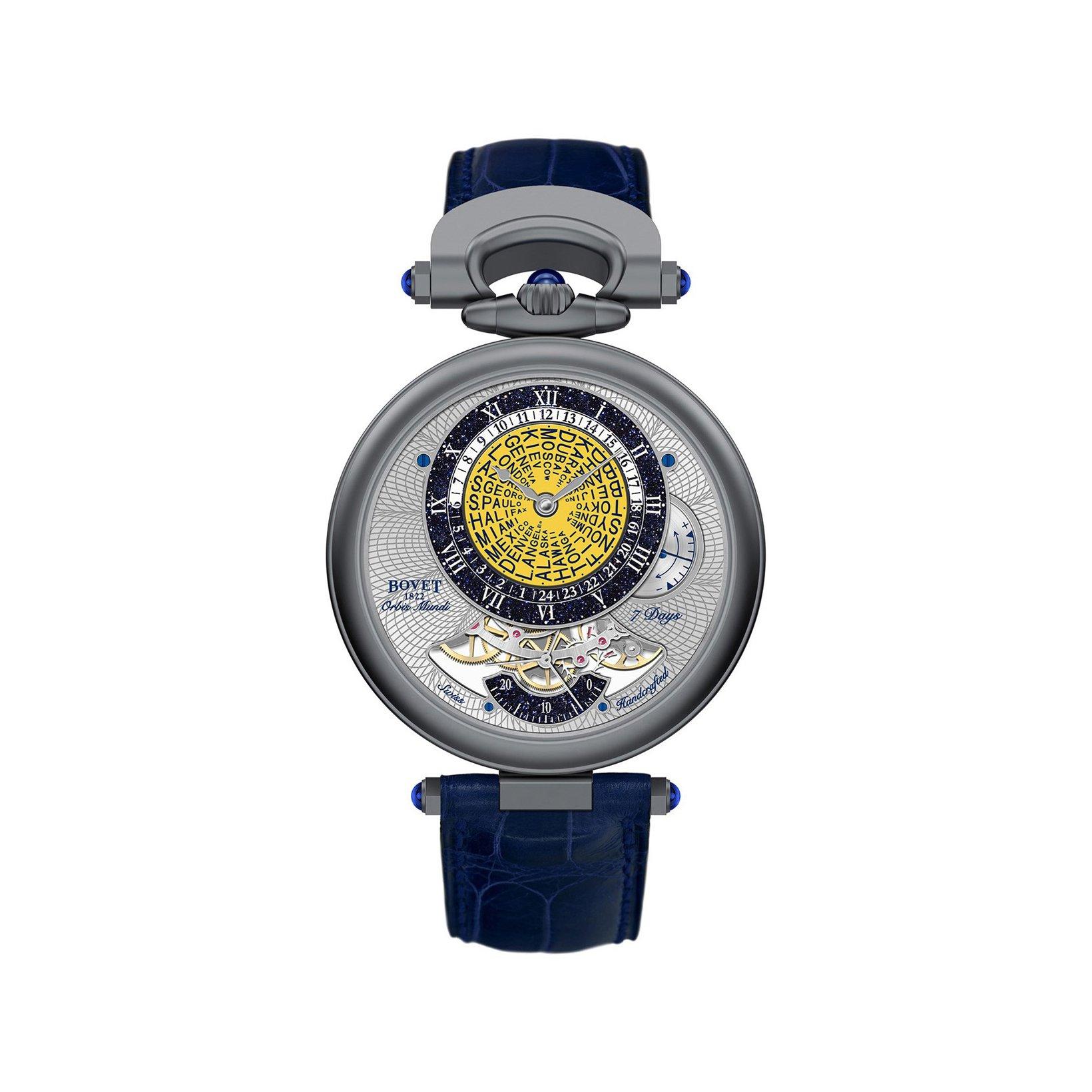 Bovet Fleurier Orbis Mundi Manual Winding 42 mm Sandblasted Titanium Watch  Yellow Dial   Croco Leather Strap