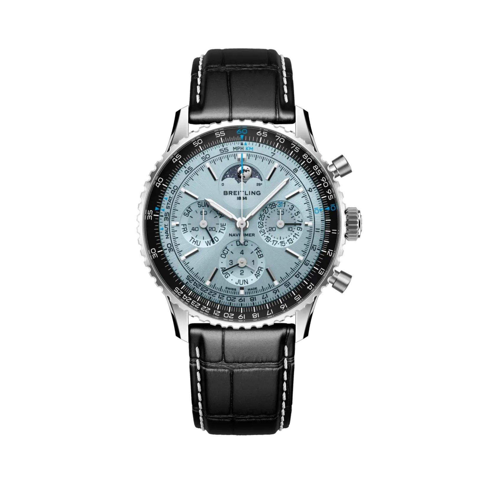 Breitling Navitimer B19 Automatic 43 mm Stainless Steel And Platinum Watch  Ice Blue Dial   Alligator Leather Strap