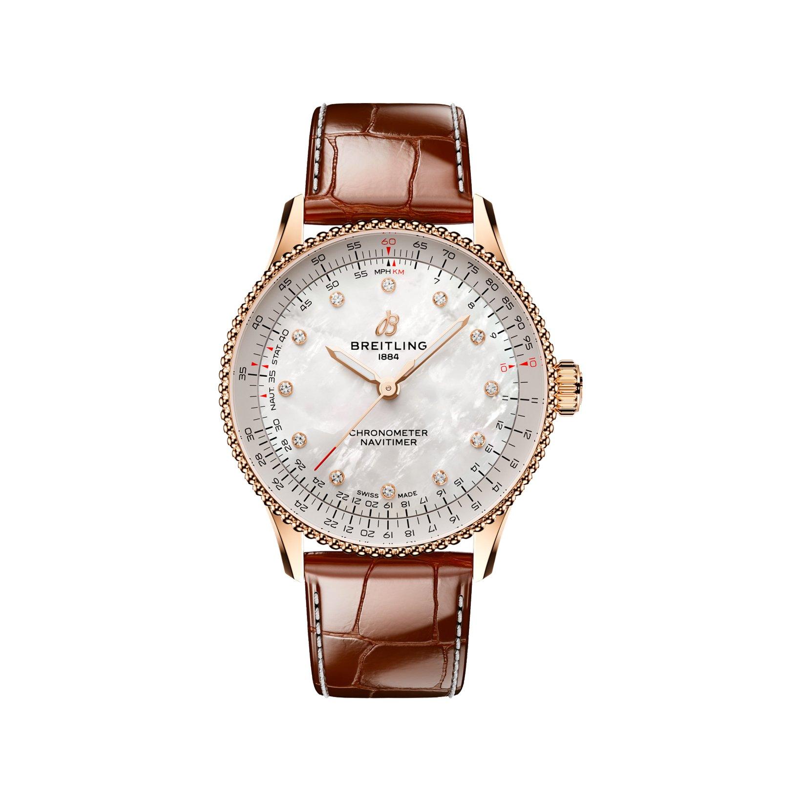 Breitling Navitimer B17 Automatic 36 mm Red Gold Watch  White Dial   Alligator Leather Strap