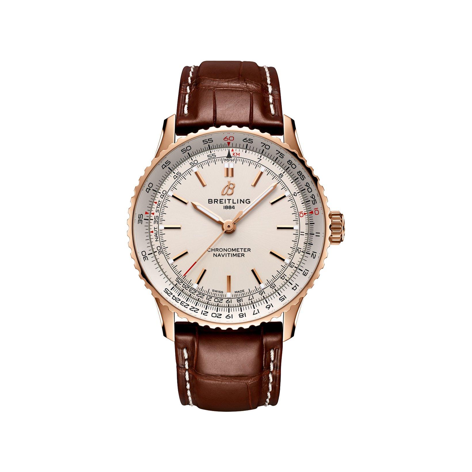 Breitling Navitimer B17 Automatic 41 mm Red Gold Watch  White Dial   Alligator Leather Strap