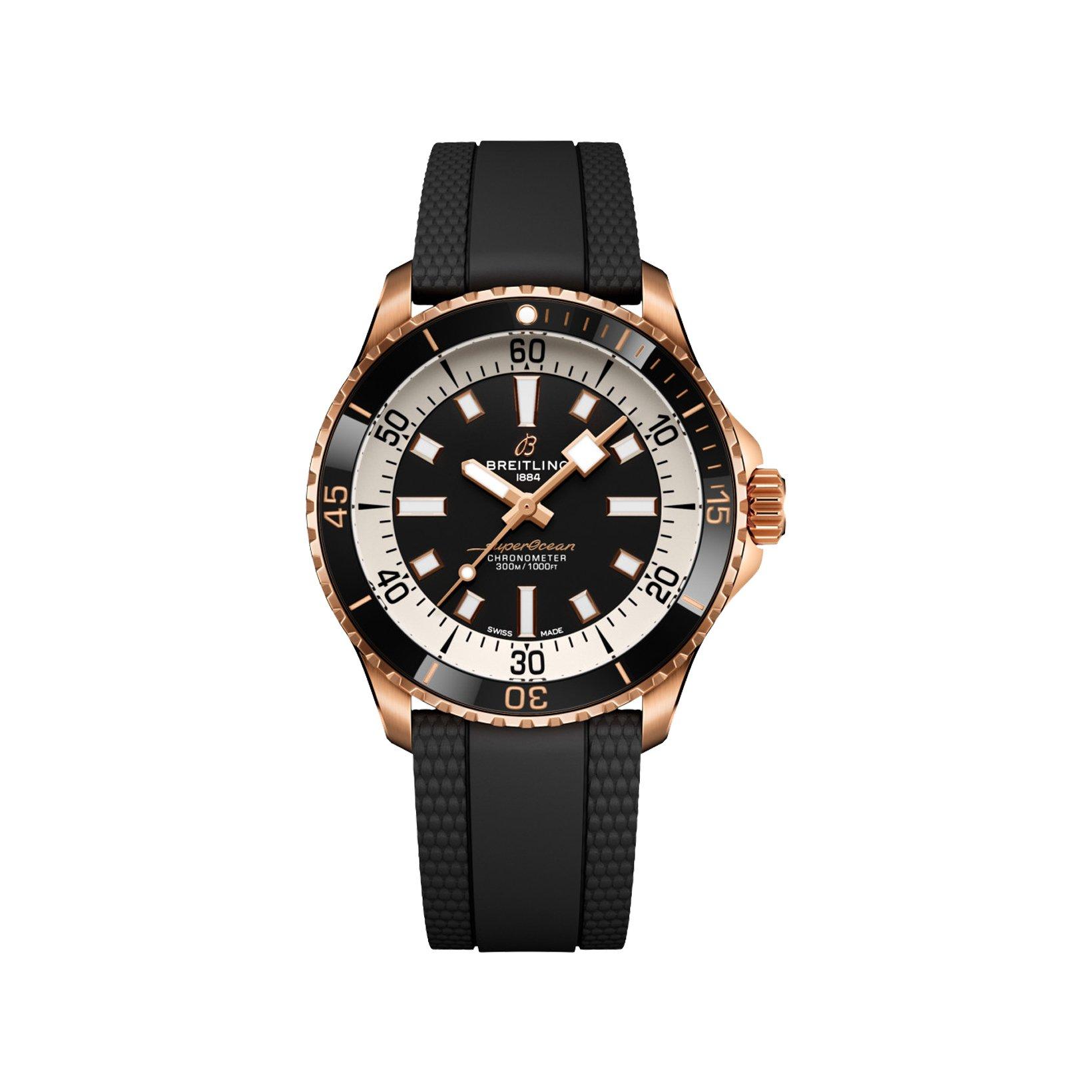Breitling Superocean B17 Automatic 42 mm Red Gold Watch  Black Dial   Rubber Strap