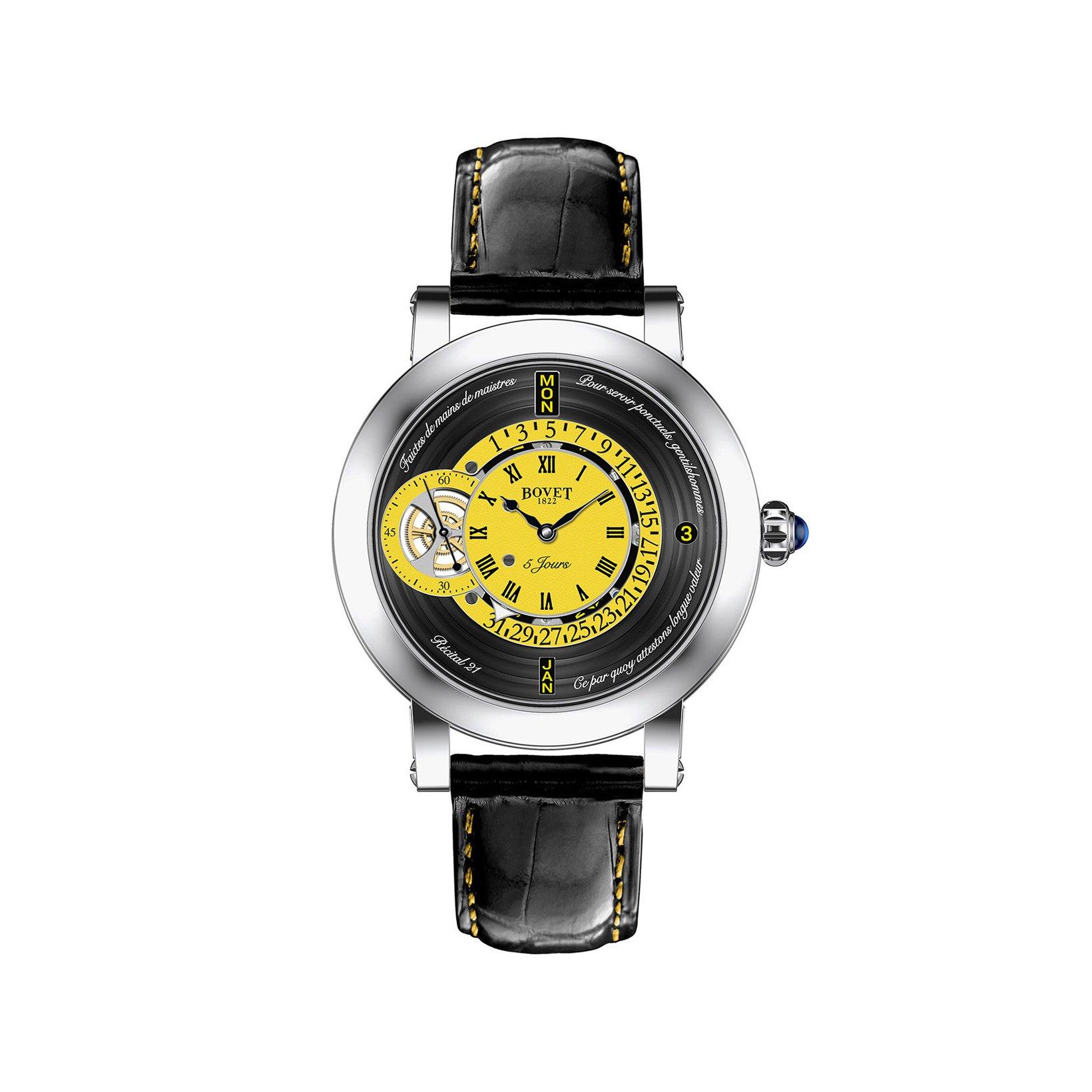 Bovet Dimier Recital 21 Manual Winding 42 mm Titanium Watch  Yellow Dial   Croco Leather Strap