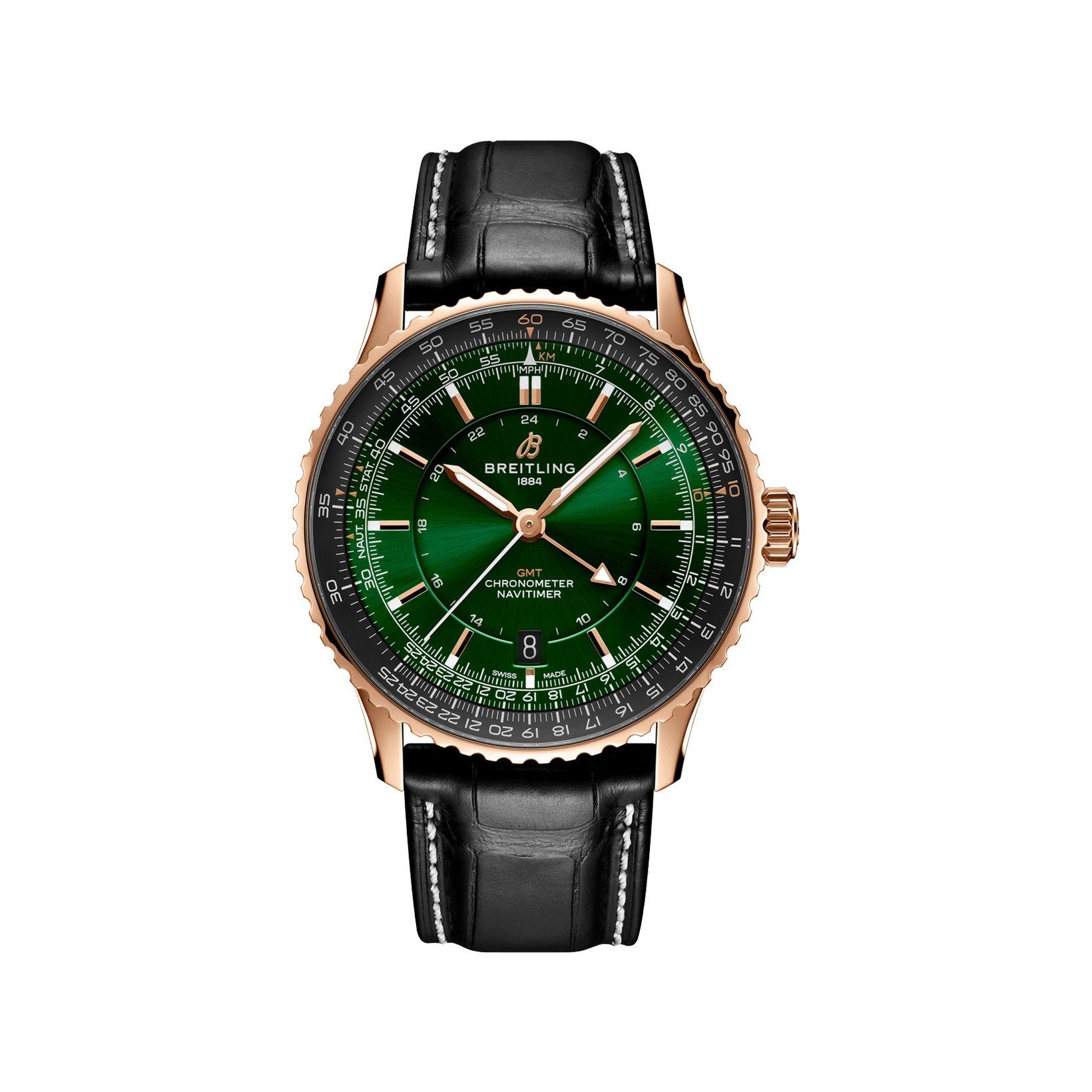 Breitling Navitimer B32 Automatic 41 mm Red Gold Watch  Green Dial   Alligator Leather Strap
