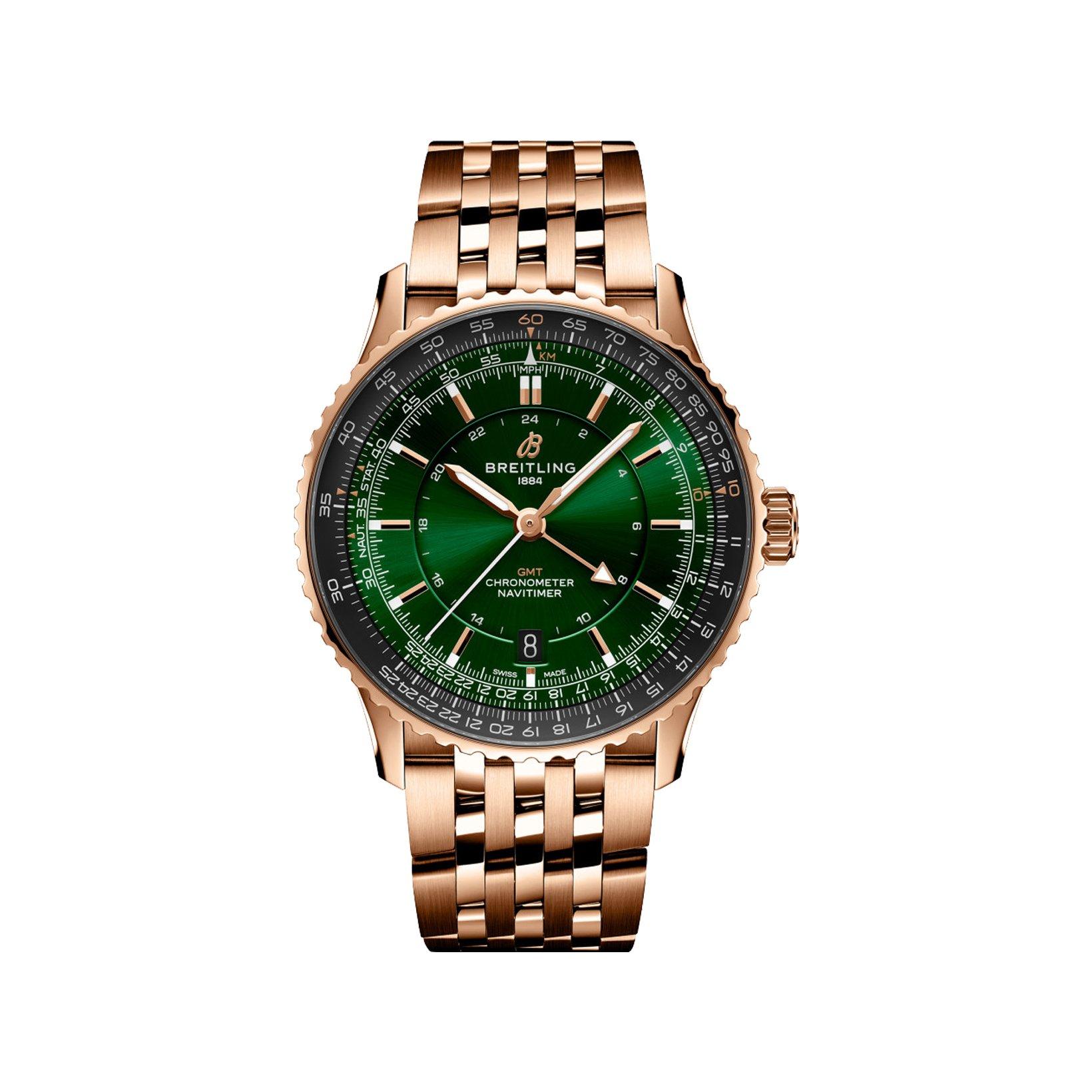 Breitling Navitimer B32 Automatic 41 mm Red Gold Watch  Green Dial  Red Gold Bracelet