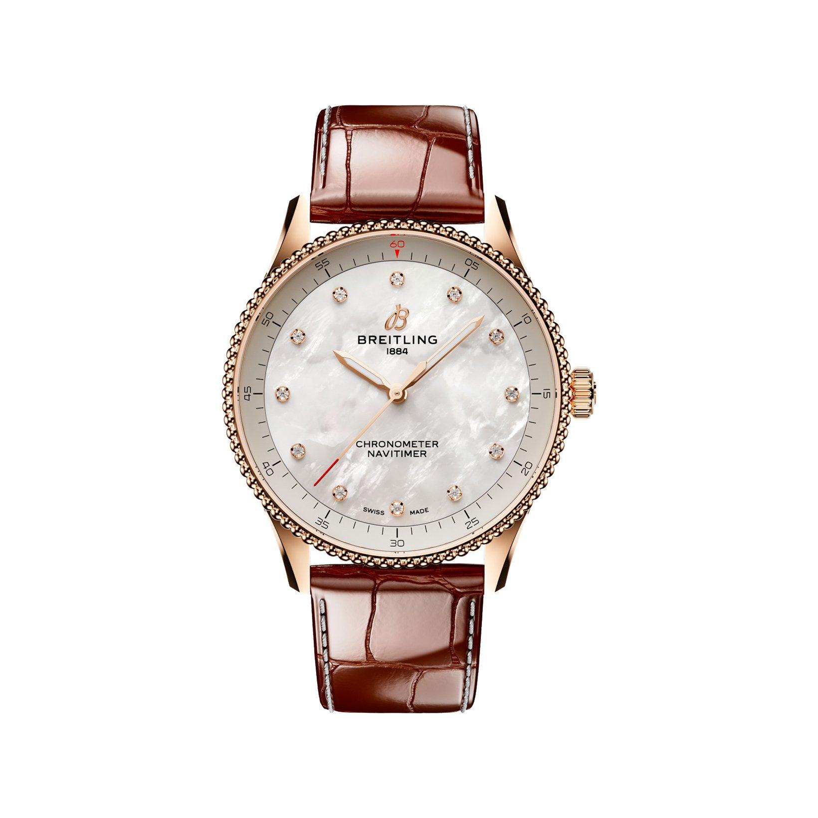 Breitling Navitimer B77 Quartz 32 mm Red Gold Watch  White Dial   Alligator Leather Strap