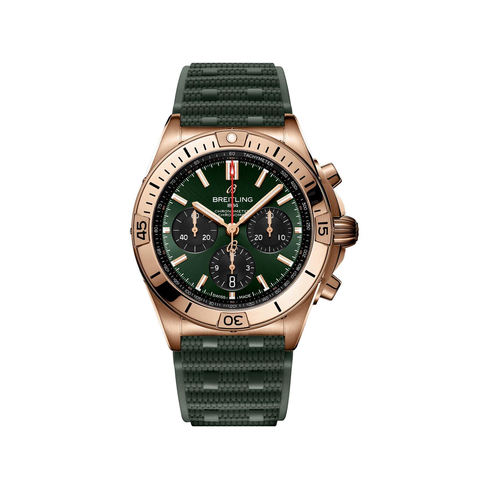 Breitling Chronomat B01 Automatic 42 mm Red Gold Watch  Green Dial   Rubber Strap