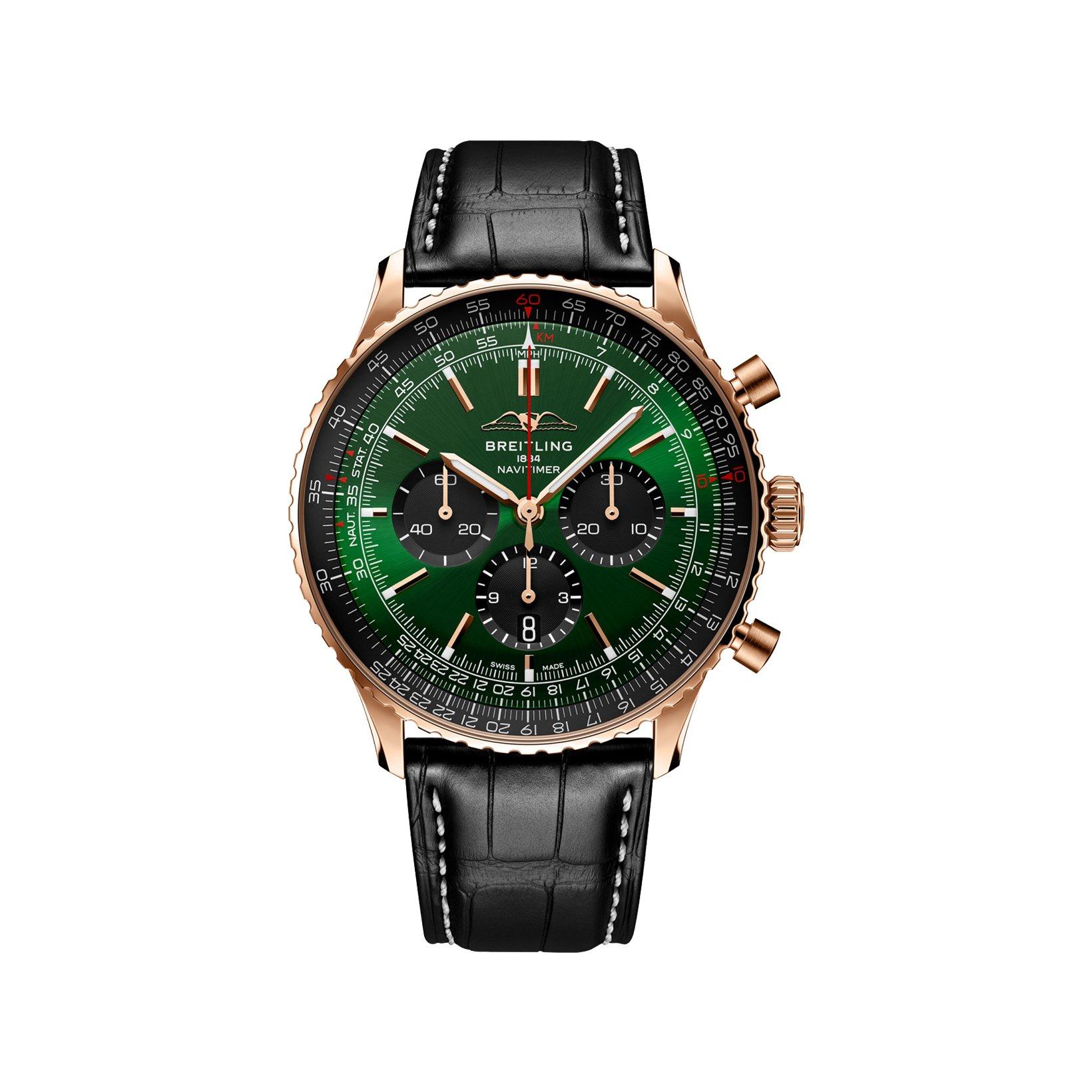 Breitling Navitimer B01 Automatic 46 mm Red Gold Watch  Green Dial   Alligator Leather Strap