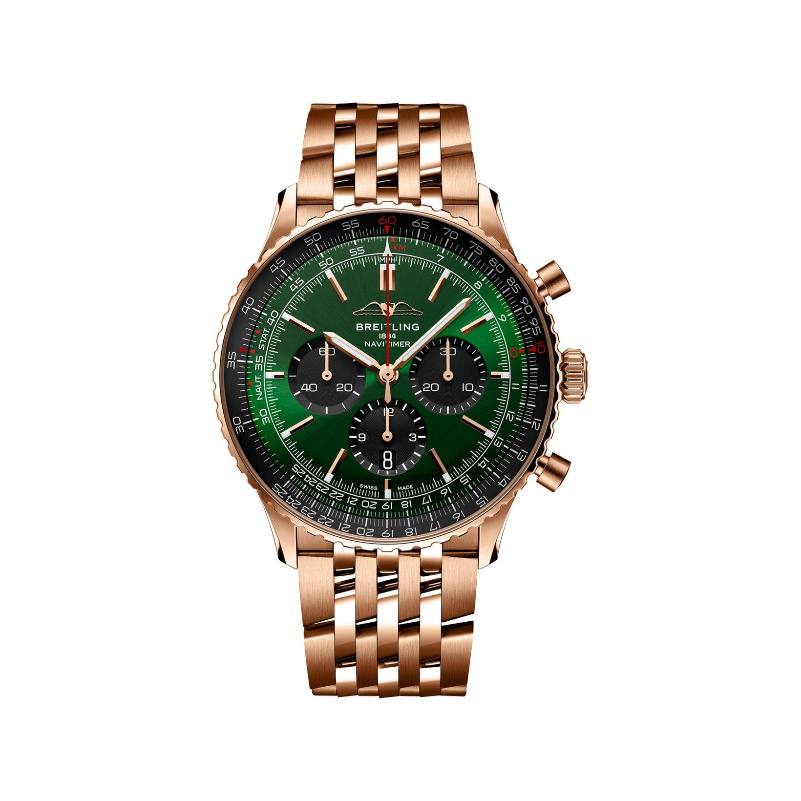 Breitling Navitimer B01 Automatic 46 mm Red Gold Watch  Green Dial  Red Gold Bracelet