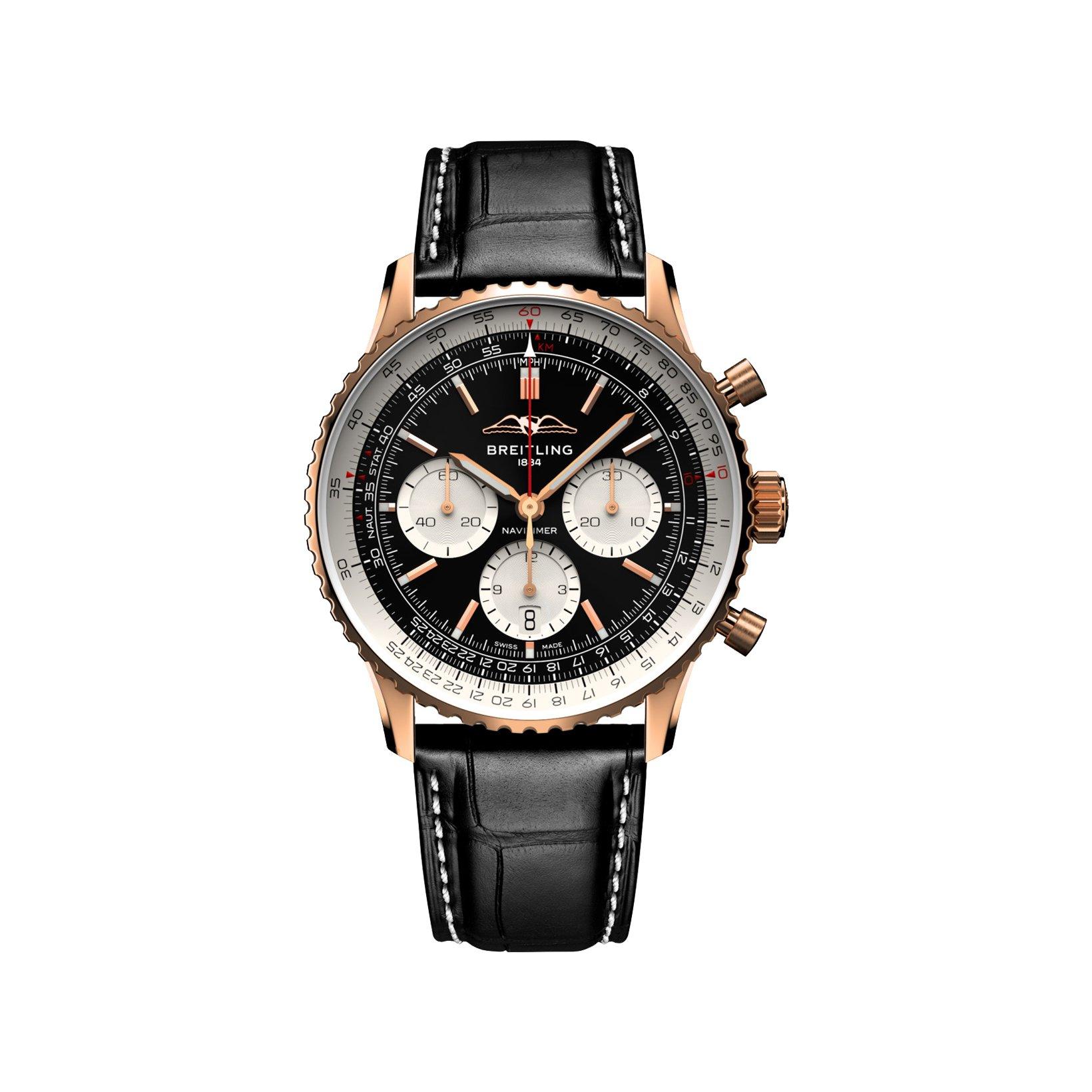 Breitling Navitimer B01 Automatic 43 mm Red Gold Watch  Black Dial   Alligator Leather Strap