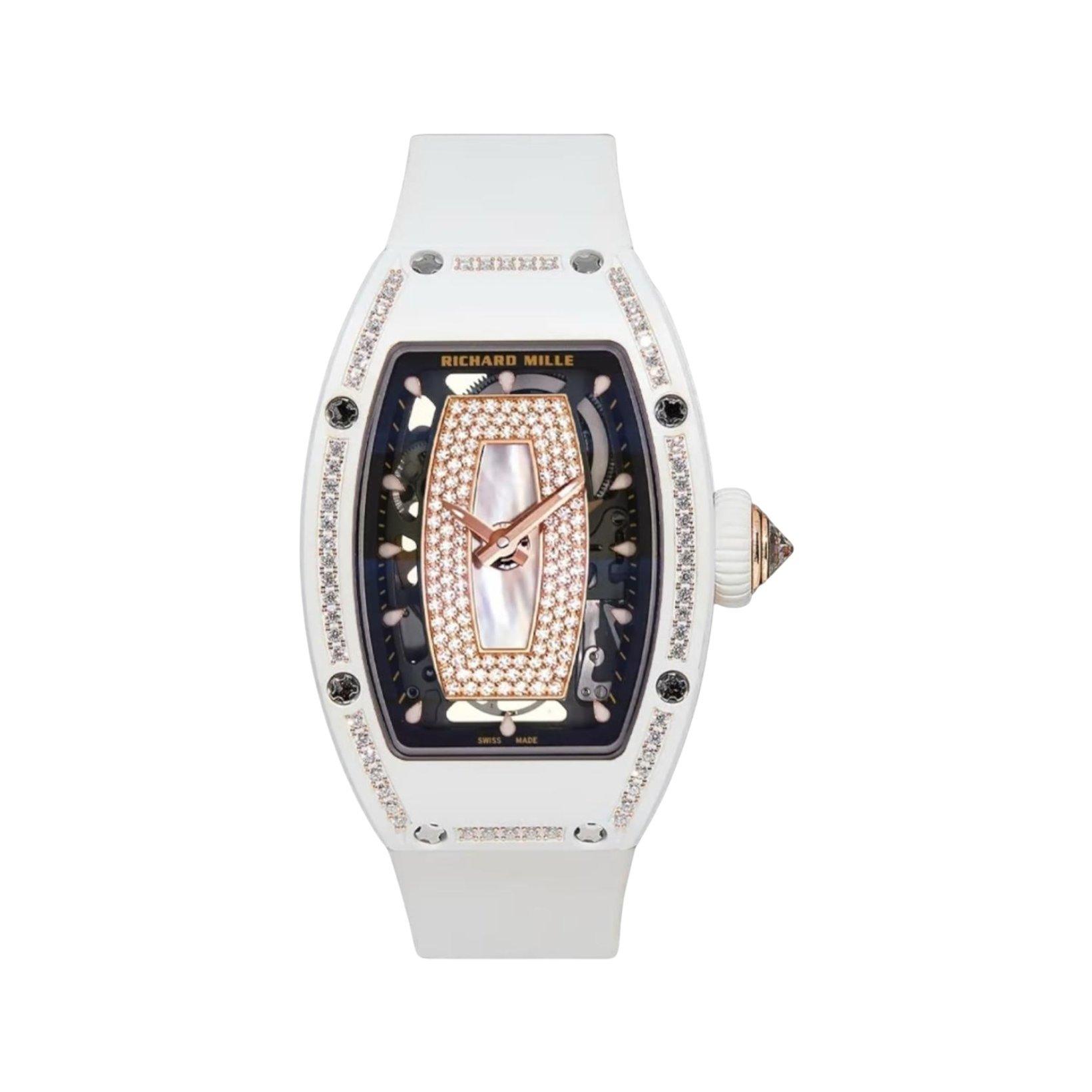 Richard Mille Rm 07-01 White Ceramic – Diamond Set – Mop & Diamond Dial White Ceramic – Diamond Set – Mop & Diamond Dial Automatic 45.66x31.4 mm Red Gold And Ceramic Watch  Skeleton Dial   Rubber Strap