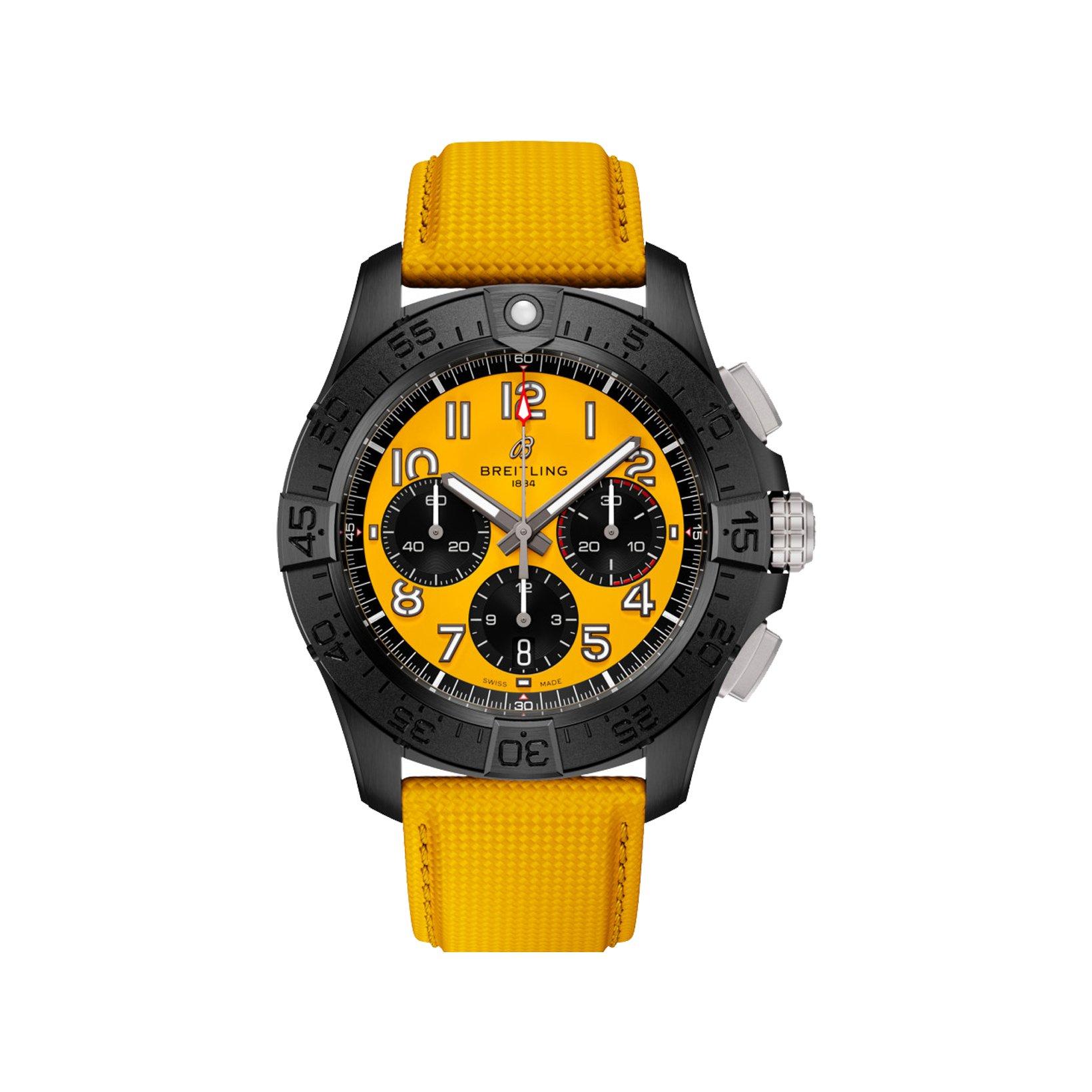 Breitling Avenger B01 Automatic 44 mm Ceramic Watch  Black And Yellow Dial   Calf Skin Leather Strap