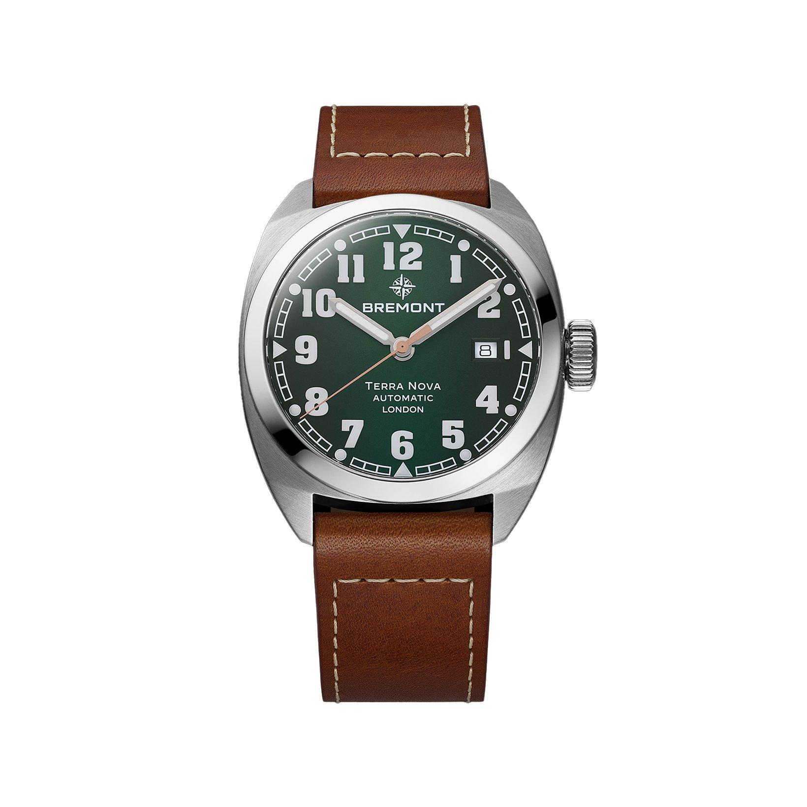 Bremont Terra Nova Terra Nova 40.5 Date Automatic 40 mm Stainless Steel Watch  Green Dial   Leather Strap