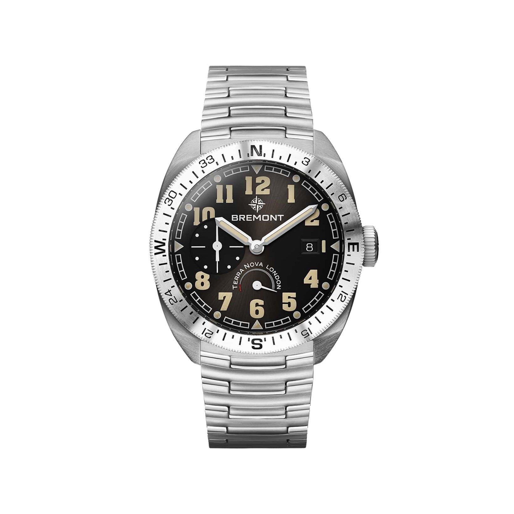 Bremont Terra Nova Terra Nova 40.5 Turning Bezel Power Reserve Automatic 40.5 mm Stainless Steel Watch  Black Dial  Stainless Steel Bracelet