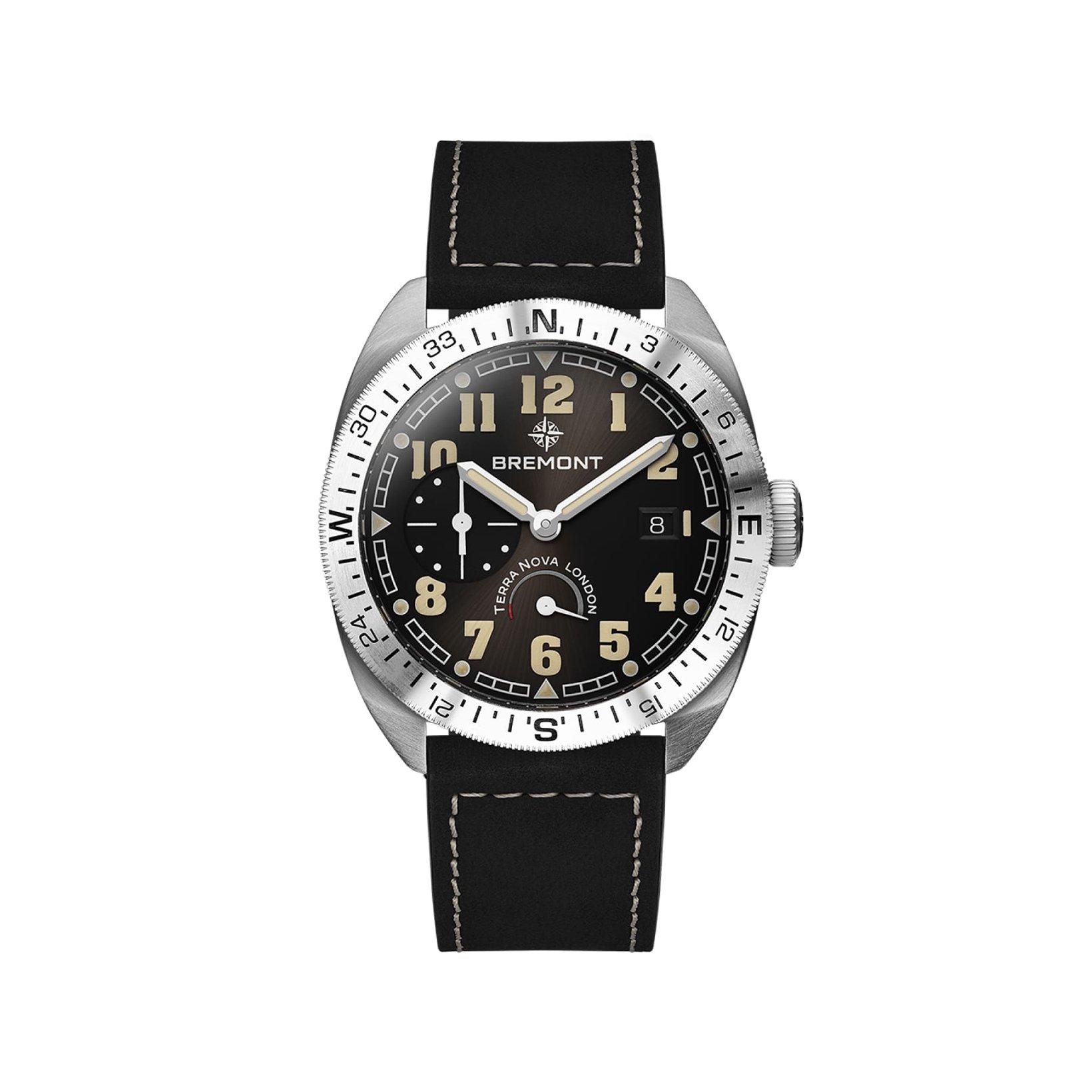 Bremont Terra Nova Terra Nova 40.5 Turning Bezel Power Reserve Automatic 40.5 mm Stainless Steel Watch  Black Dial   Leather Strap