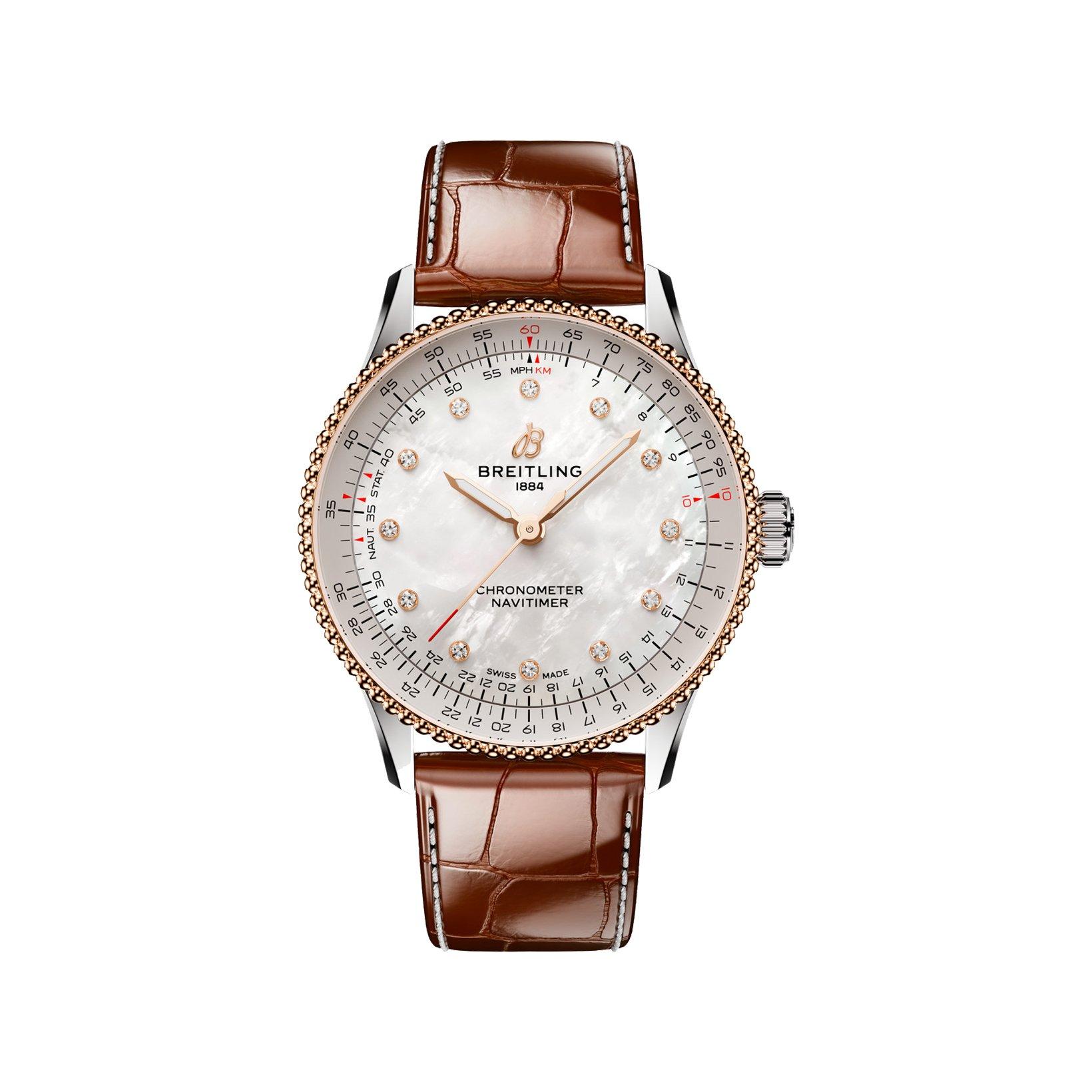 Breitling Navitimer B17 Automatic 36 mm Stainless Steel And Red Gold Watch  White Dial   Alligator Leather Strap