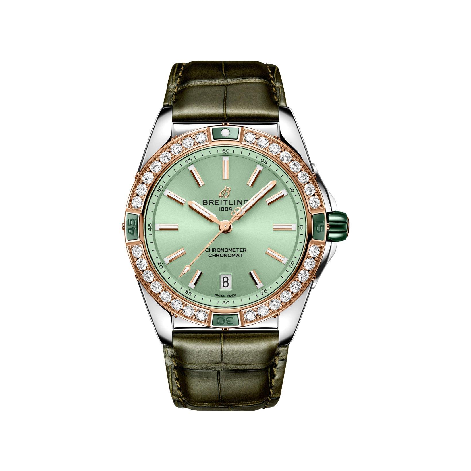 Breitling Chronomat B17 Automatic 38 mm Stainless Steel And Red Gold Watch  Mint Green Dial   Alligator Leather Strap