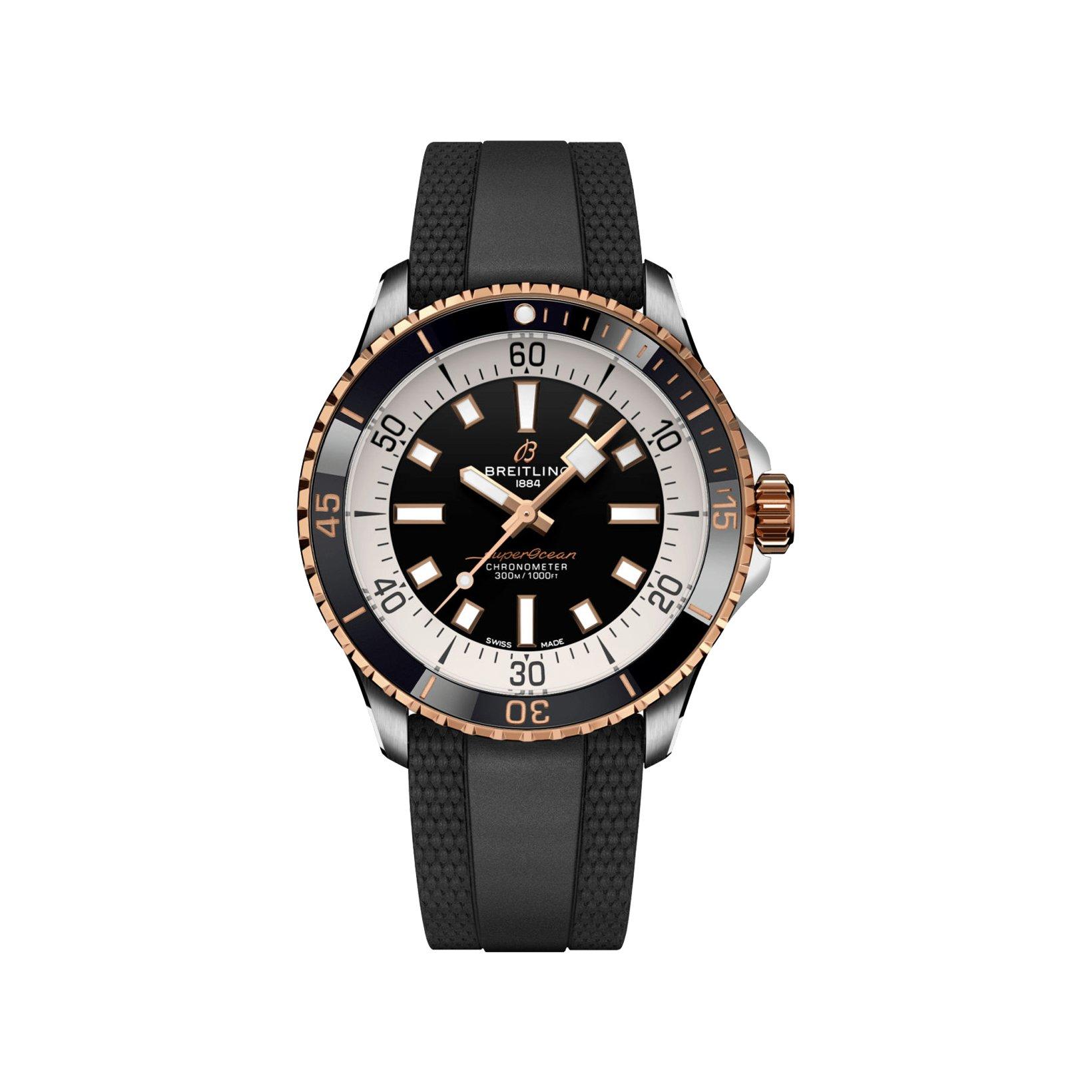 Breitling Superocean B17 Automatic 42 mm Stainless Steel And Red Gold Watch  Black Dial   Rubber Strap