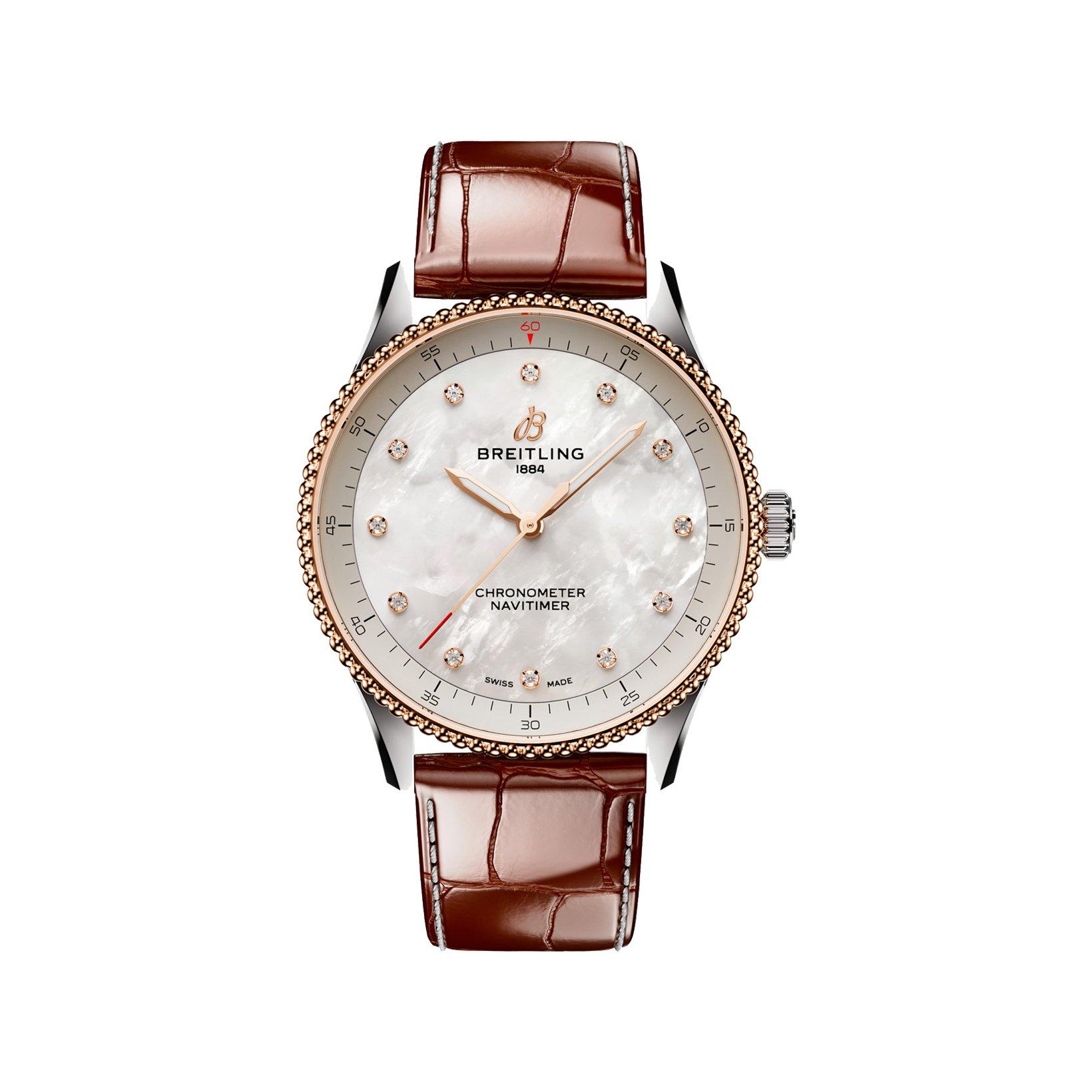 Breitling Navitimer B77 Quartz 32 mm Stainless Steel And Red Gold Watch  White Dial   Alligator Leather Strap