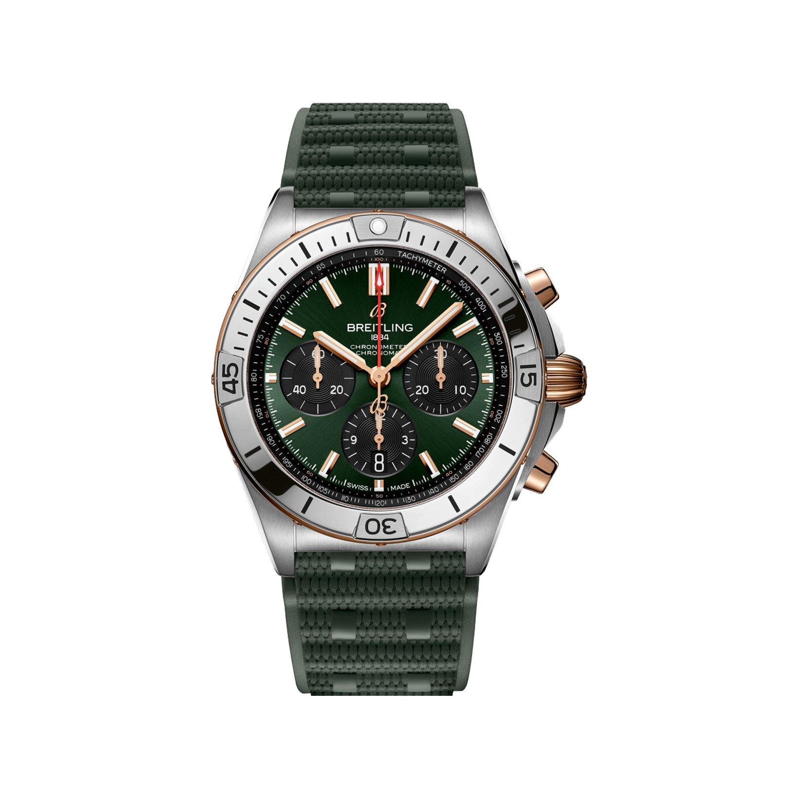 Breitling Chronomat B01 Automatic 42 mm Stainless Steel And Red Gold Watch  Green Dial   Rubber Strap