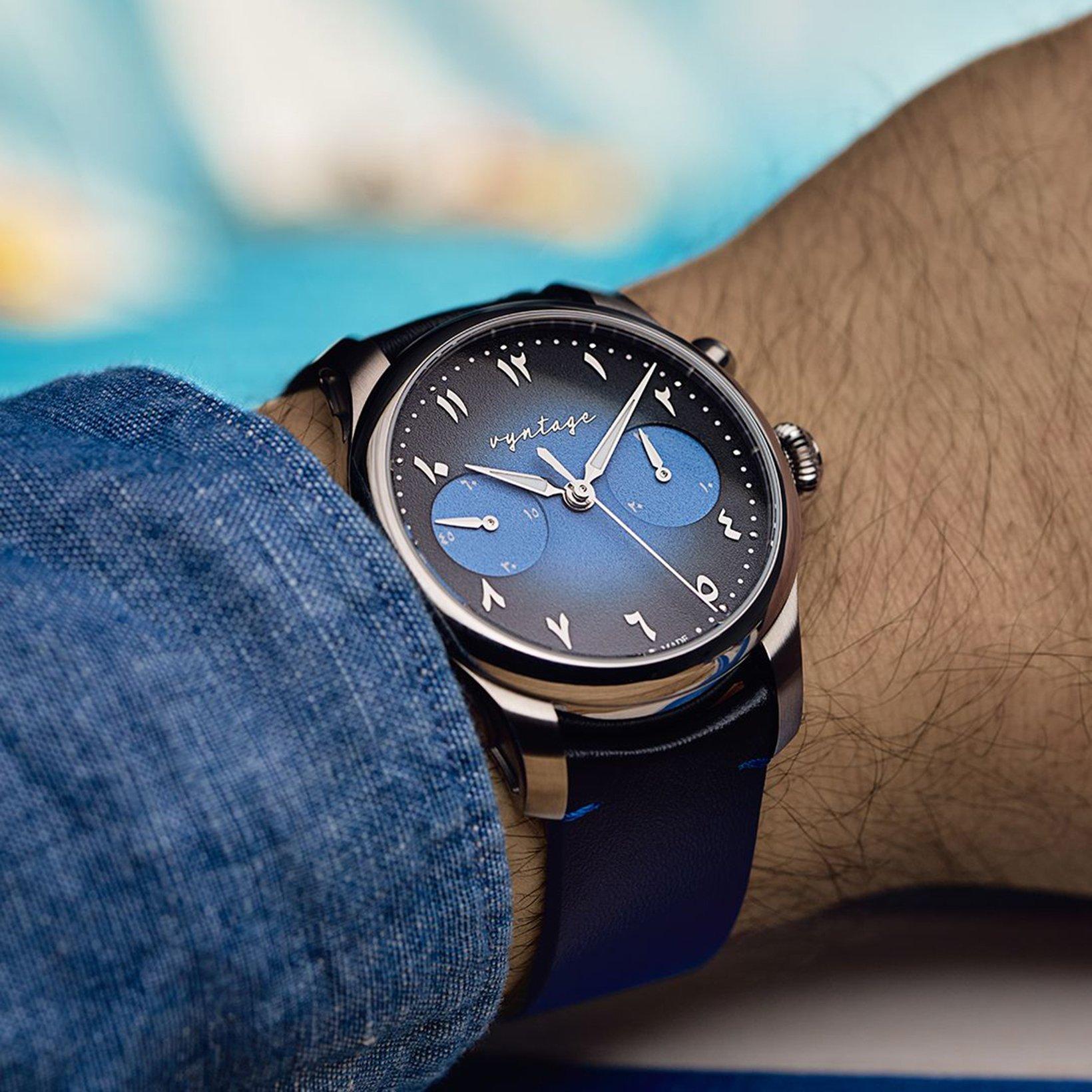 Vyntage Horology Monogrpah Blue Manual Winding 40 mm Titanium Watch  Blue Dial   Leather Strap