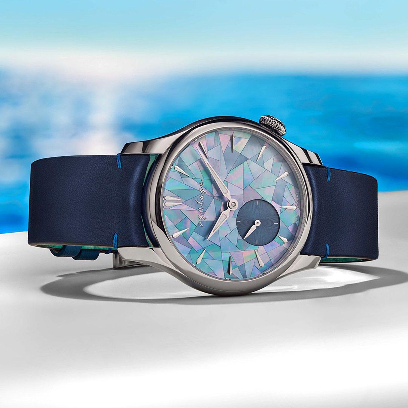 Vyntage Horology Purity Mosaic Manual Winding 39 mm Stainless Steel Watch  Blue Dial   Leather Strap