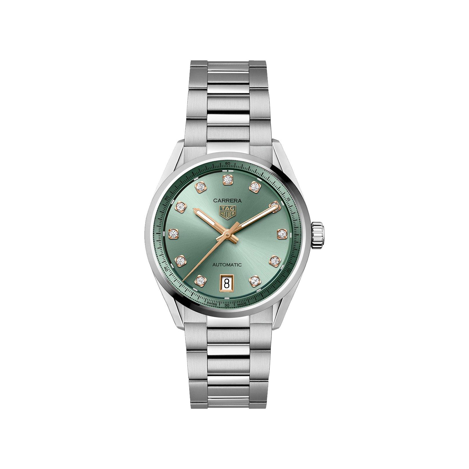 Tag-Heuer Carrera Date Automatic 36 mm Stainless Steel Watch  Green Dial  Stainless Steel Bracelet