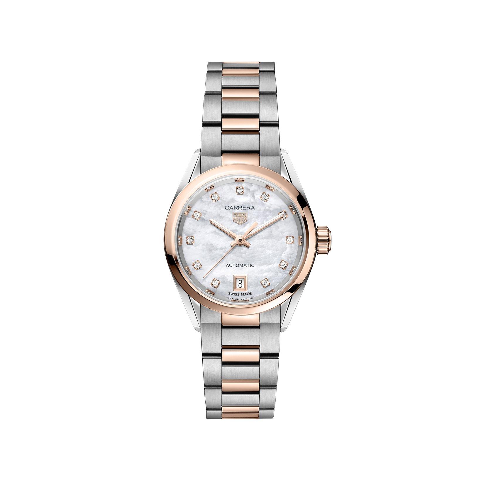 Tag-Heuer Carrera Date Automatic 29 mm Stainless Steel Watch  White Dial  Stainless Steel And Rose Gold Bracelet