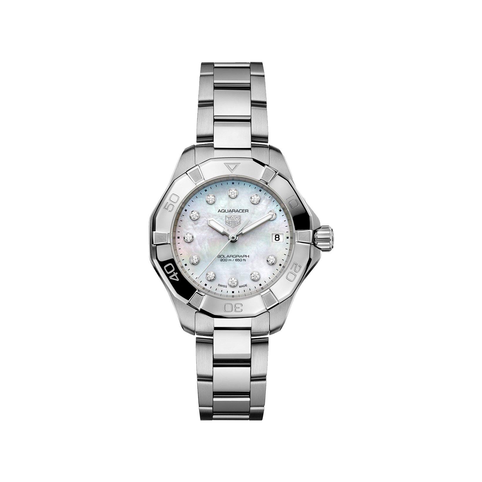 Tag-Heuer Aquaracer Professional 200 Solargraph Solar Quartz 34 mm Stainless Steel Watch  White Dial  Stainless Steel Bracelet