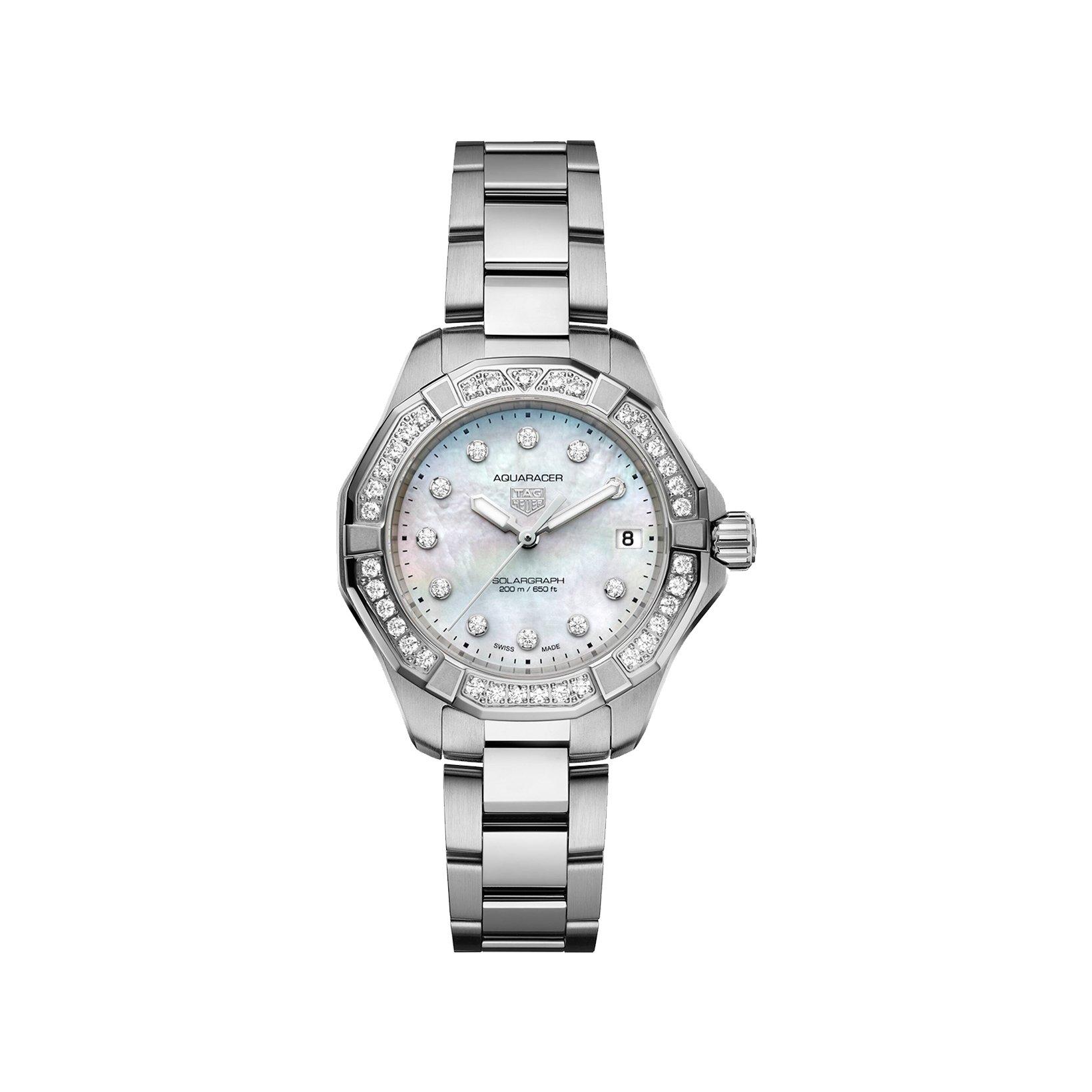 Tag-Heuer Aquaracer Professional 200 Solargraph Solar Quartz 34 mm Stainless Steel Watch  White Dial  Stainless Steel Bracelet