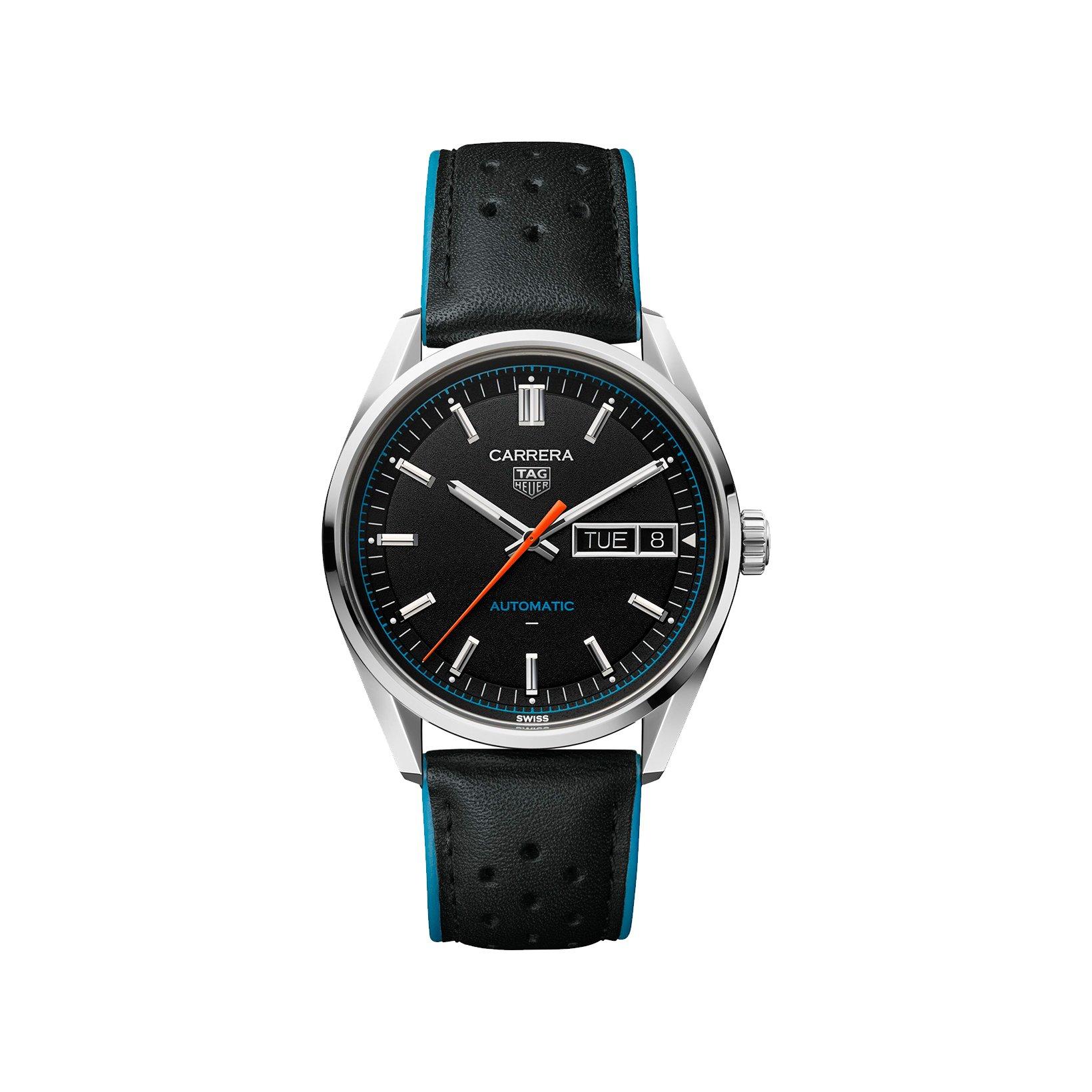 Tag-Heuer Carrera Day-Date Automatic 41 mm Stainless Steel Watch  Black Dial   Leather Strap