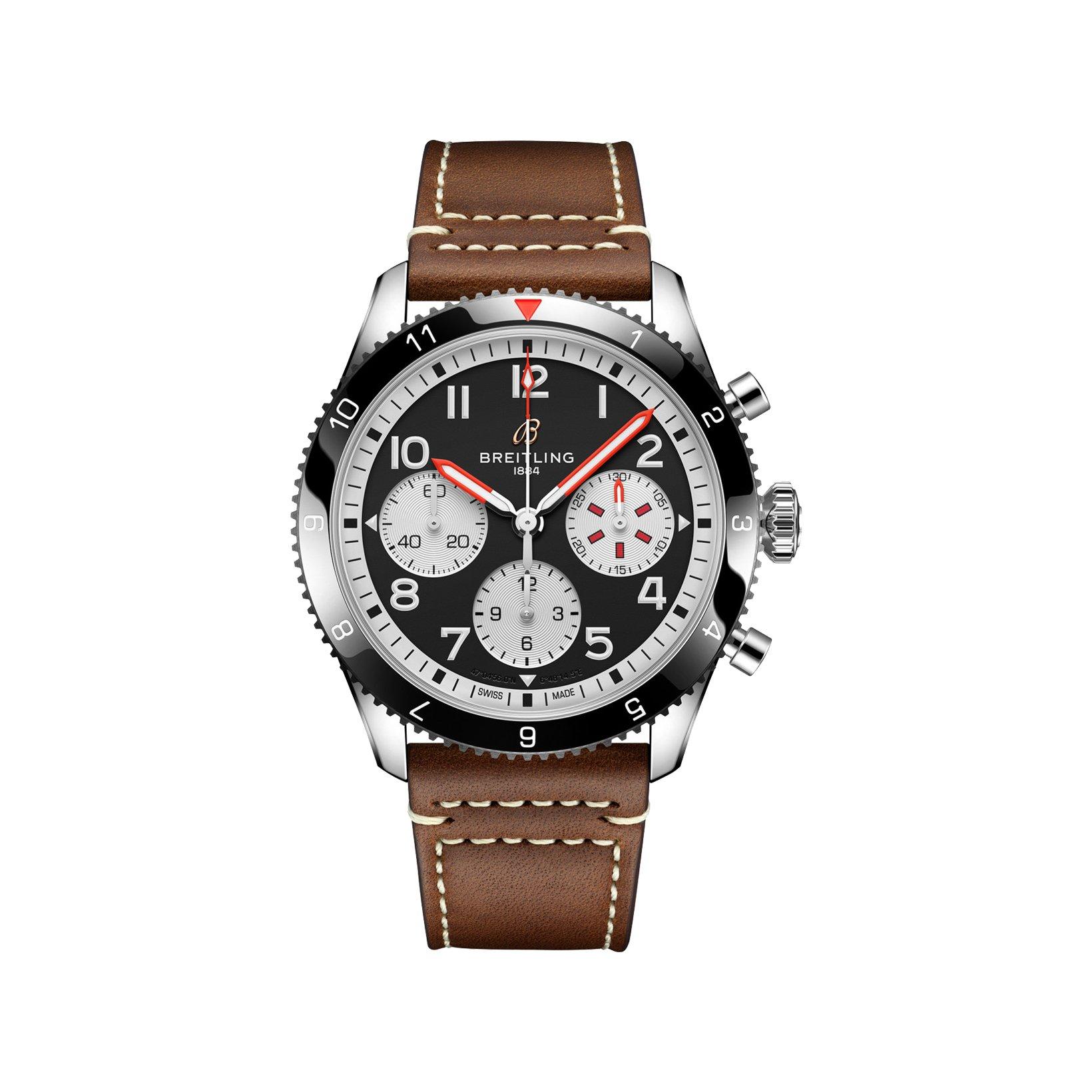 Breitling Aviator B23 Automatic 42 mm Stainless Steel Watch  Black Dial   Calf Skin Leather Strap